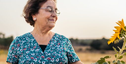 Elderly,Smiling,Woman,In,A,Beautiful,Field,Of,Sunflowers,At